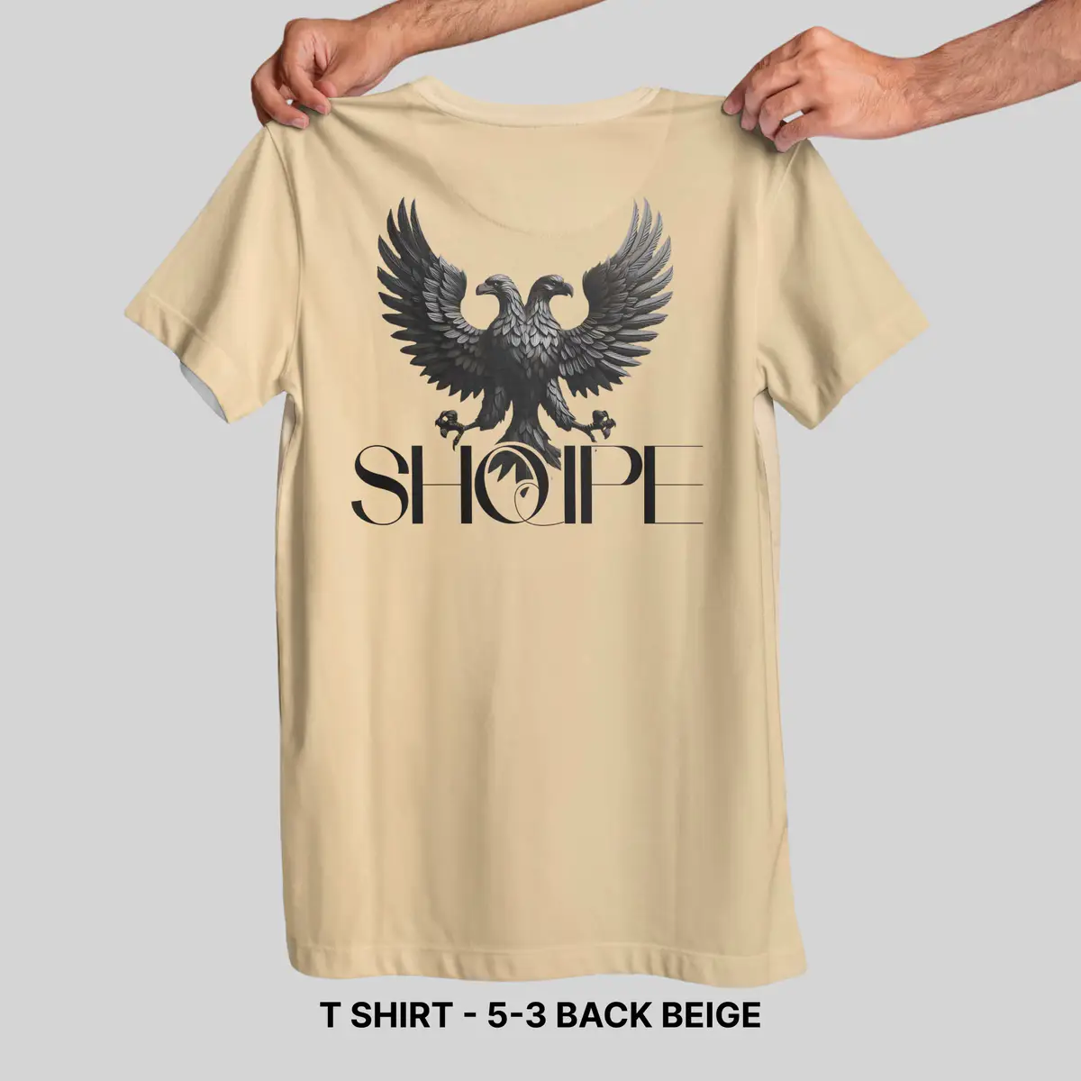 Beige t-shirt back with large black eagle and SHQIPE artwork